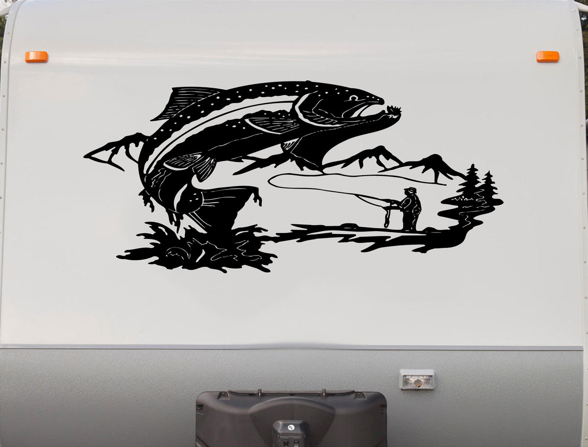 Salmon Trout Fishing Lake RV Camper Vinyl Decal Sticker Scene, Size: 48” W x 22” T