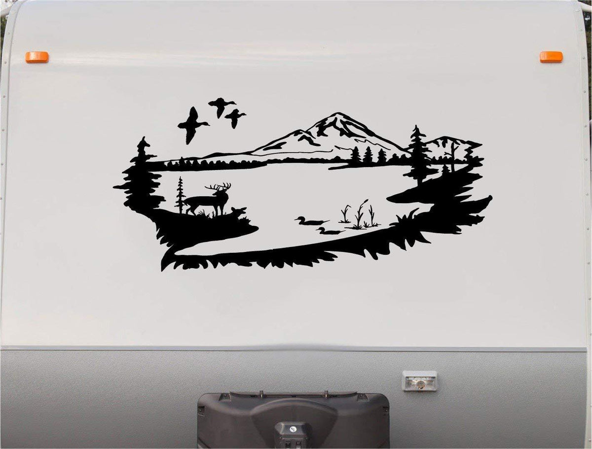 Oracal Vinyl Decal – Mountain Trees Elk Deer Scene For RV, Camper, Truck (2-Pack) – V2