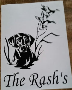 Shipping out Labrador cornhole decals with custom text.