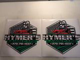 Matching pair of full color printed lawn care logo truck door decals with zero turn mower and American flag - custom logo decal set by Sticker Chef