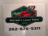 Full color printed lawn care business logo decal with red lawn mower, green hexagon badge and phone number - custom logo decal printed by Sticker Chef