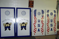 a couple of door boards with cartoon characters on them