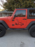 a red jeep parked in front of a house