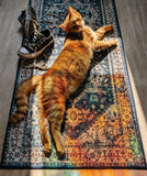 Colored sunlight from a Sticker Chef printed window cling falling across a cat on a rug
