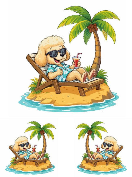 Beach Poodle on Island Sticker Set - Golf Cart Decals 8" & 4" 3-Piece