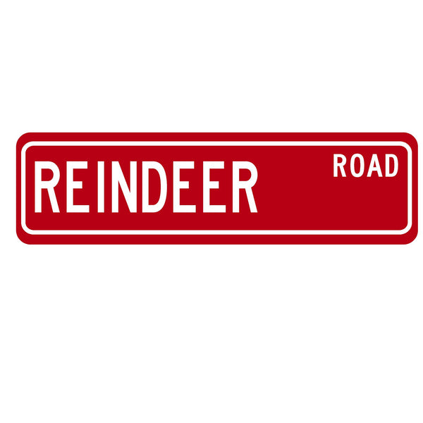 Reindeer Road Christmas Street Sign - Red Aluminum Holiday Decor 6" x 24"