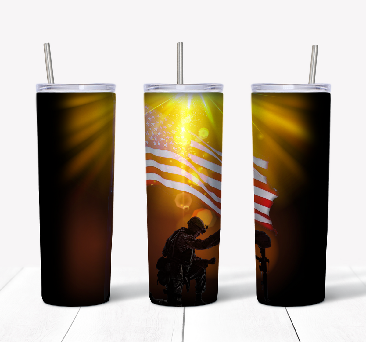 Soldier Kneeling American Flag 20 oz. Skinny Tumbler Sublimated