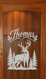 Personalized Gun Cabinet Decal GCE157 - a custom name in script over a whitetail buck among the pines in frosted etched glass vinyl on a gun cabinet - Sticker Chef