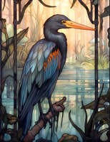 Stained Glass Style Blue Heron Window Cling, 18W x 23.5H inches, Reusable Decorative Glass Decal