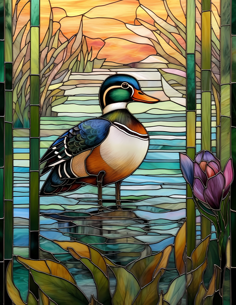 Stained Glass Style Wood Duck Window Cling, 18W x 23.5H inches, Reusable Decorative Glass Decal