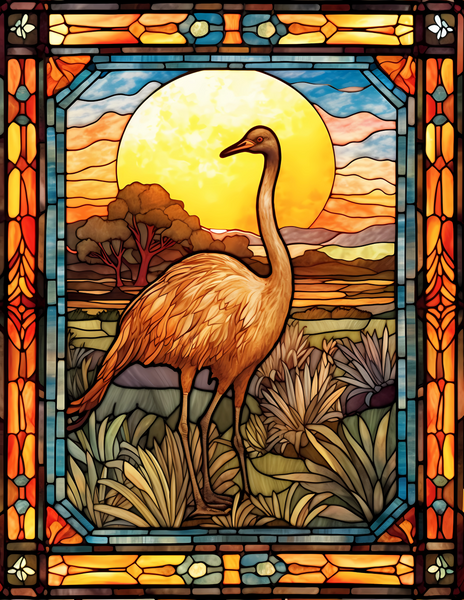 Stained Glass Style Emu at Sunset Window Cling, 18W x 23.5H inches, Reusable Decorative Glass Decal
