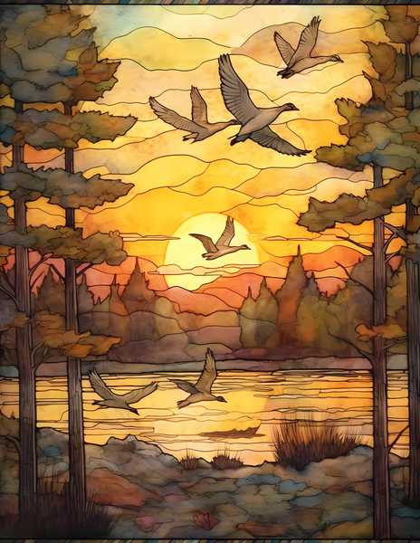 Stained Glass Style Geese Migration Window Cling, 18W x 23.5H inches, Reusable Decorative Glass Decal
