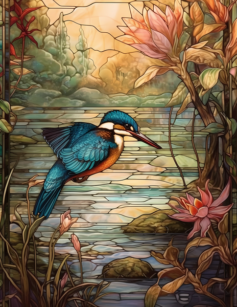 Stained Glass Style Kingfisher Window Cling, 18W x 23.5H inches, Reusable Decorative Glass Decal