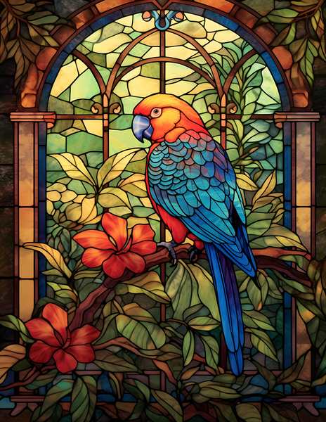 Colorful stained glass-style window cling featuring a parrot surrounded by flowers and leaves in an arched window design