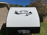 a white trailer parked in a yard next to a house