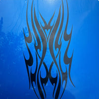 a close up of a blue sign with a design on it