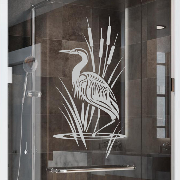 Egret Cattail Shower Decal BTE135 - an egret among cattails and marsh grass frosted etched glass vinyl for a shower door - Sticker Chef