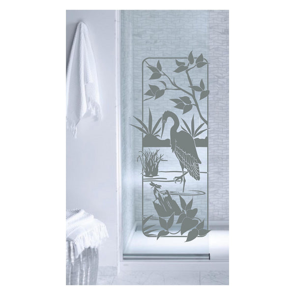 Heron Garden Scene Frosted Privacy Film - 24x52 Etched Glass Decal Shower Door Bathroom Window
