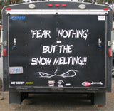 a truck with a message written on the back of it