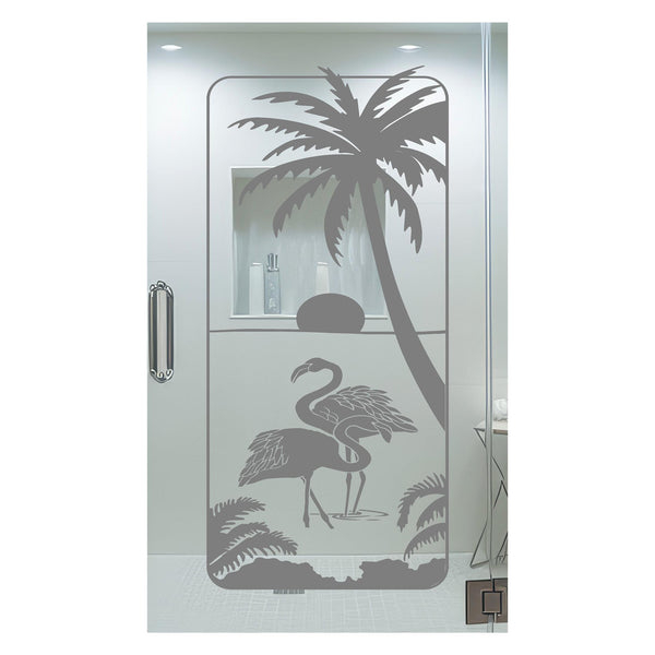 Flamingos Palm Tree Frosted Privacy Film - 24x52 Etched Glass Decal Shower Door Bathroom Window