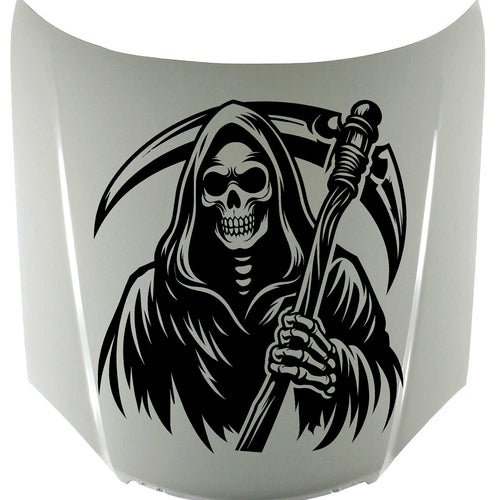Grim Reaper Hood Decal HSK106 - the grim reaper holding a scythe in a hooded cloak die cut vinyl hood decal on a car hood - Sticker Chef