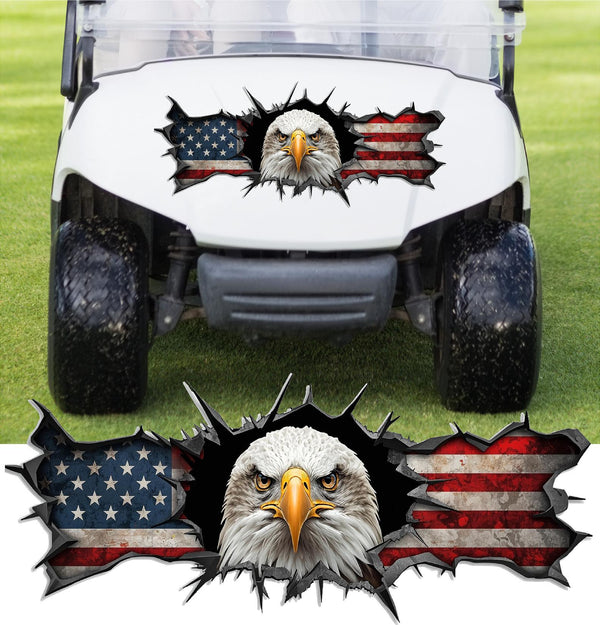 Eagle Flag Hood Decal Golf Cart – Bald Eagle American Flag Burst Printed Vinyl Sticker 14" x 6"