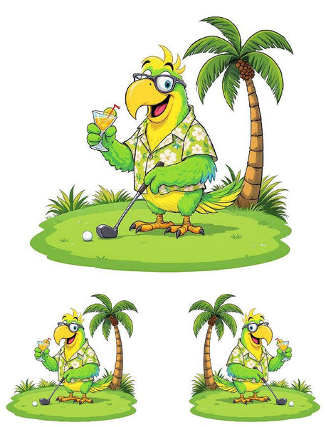 Tropical Parrot Golfer Sticker Set - Golf Cart Decals 8" & 4" 3-Piece