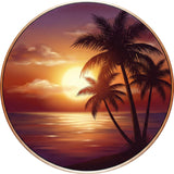 Airbrushed Palm Sunset Decal TPS105 - an airbrushed glowing sun setting behind palm trees over a calm sea, round printed RV decal - Sticker Chef