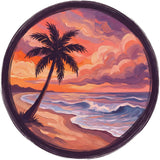 Painted Palm Waves Decal TPS108 - a hand-painted coastal scene with a palm tree on the sand, round printed RV decal - Sticker Chef