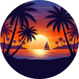 Sailboat Palm Sunset Decal TPS109 - palm trees framing a setting sun with a small sailboat on the water under a purple sky, round printed RV decal - Sticker Chef