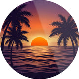 Palm Frame Ocean Decal TPS110 - palm trees framing a red sun sinking into calm ocean waves, round printed RV decal - Sticker Chef