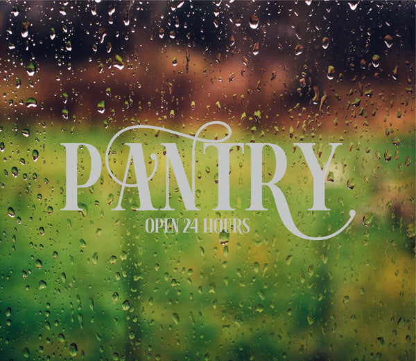 Pantry Open 24 Hours Etched Glass Vinyl Lettering Style 4