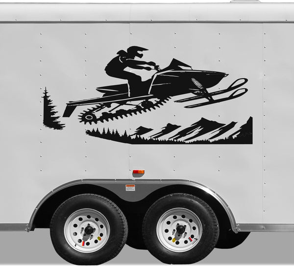 Snowmobile Racing Trailer Decals - Scenic Trees Mountains Stickers SN01