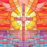 Cross Stained Glass Cling SGC111 - cross at sunrise printed stained glass window cling - Sticker Chef