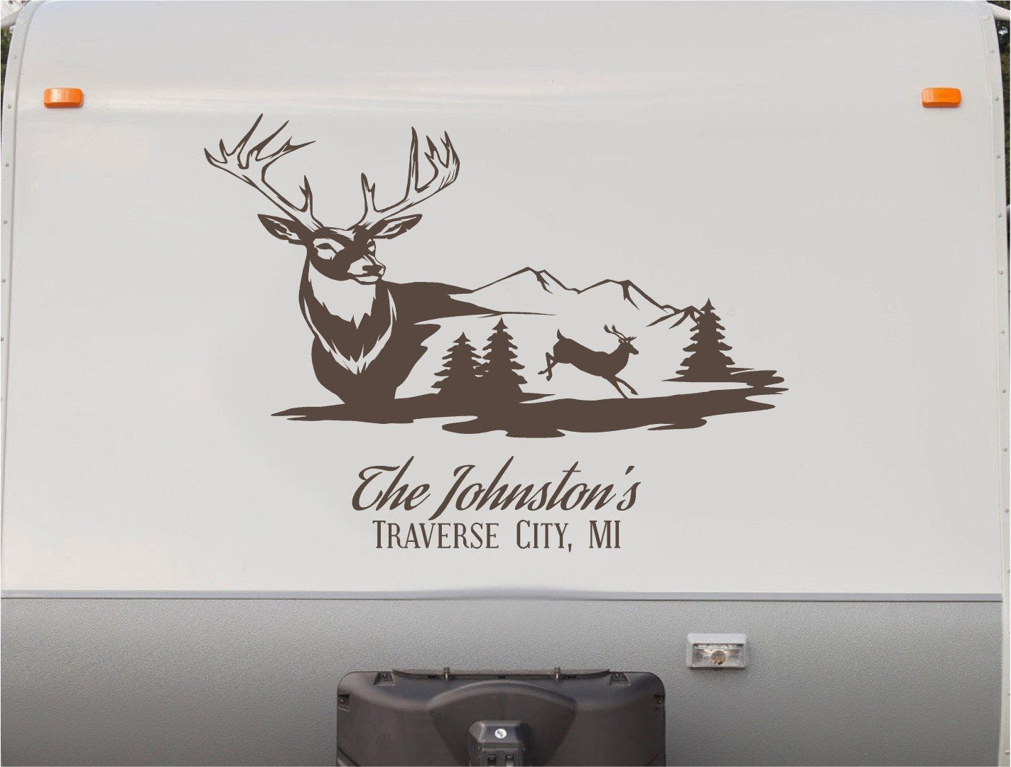 Deer Buck Jumping Mountains RV Camper 5th Wheel Motor Home Vinyl Decal Sticker 60 x 27.5