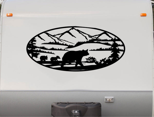 Mama Bear and Cubs Decal RV Camper Motor Home Sticker Mountain Scene