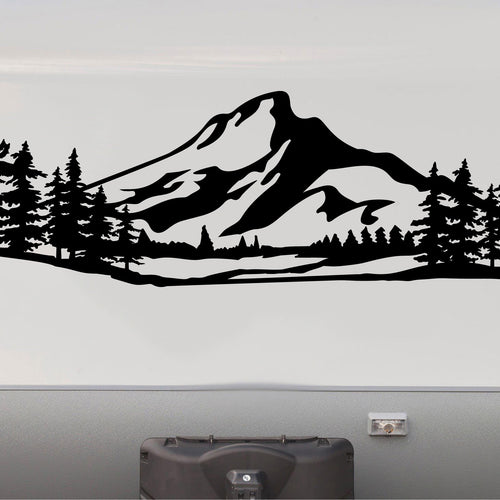 Valley Pines Camper Decal RVM139 - a mountain valley lined with pines and rolling hills die cut vinyl decal on an RV camper - Sticker Chef