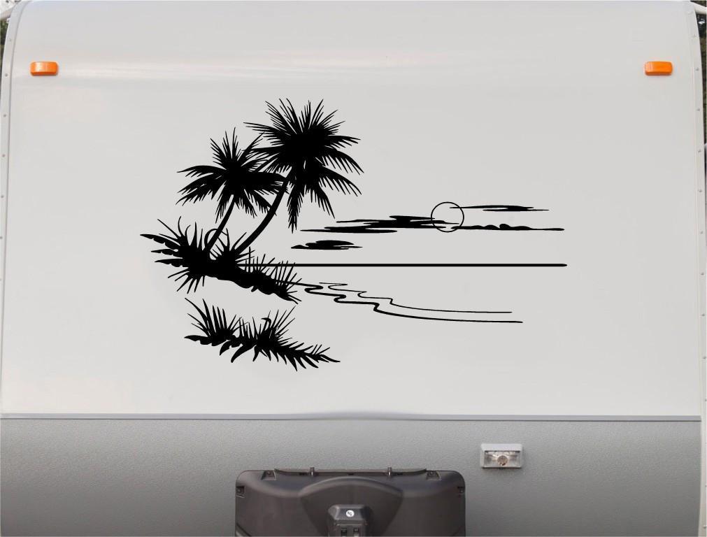Striped Palm Tree Beach Scene Sticker